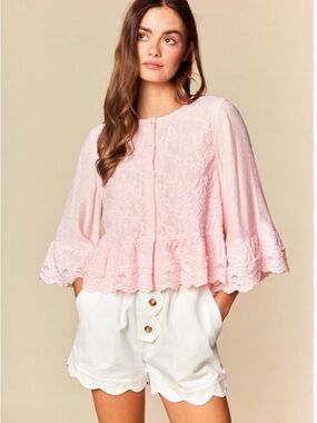 Rareraw Lace Peplum Button-Front Top - Pink